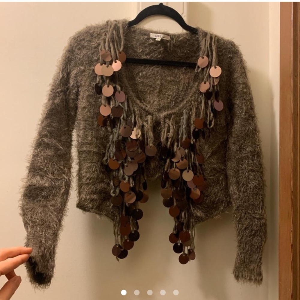 Strechy Faux Mohair sequin chunky whimsical sweater moss green